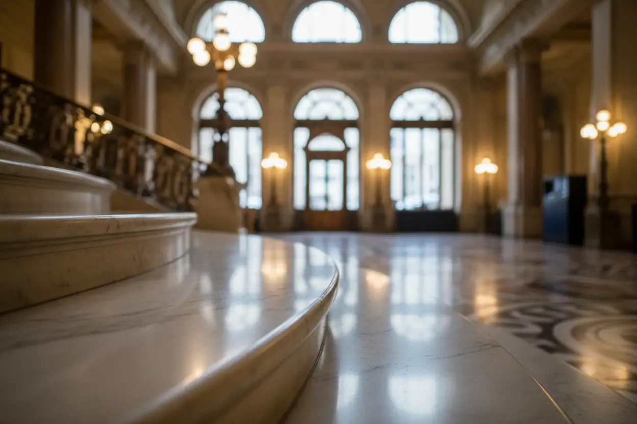 Escalier en marbre de luxe rénové par nos artisans à Paris 2ème.