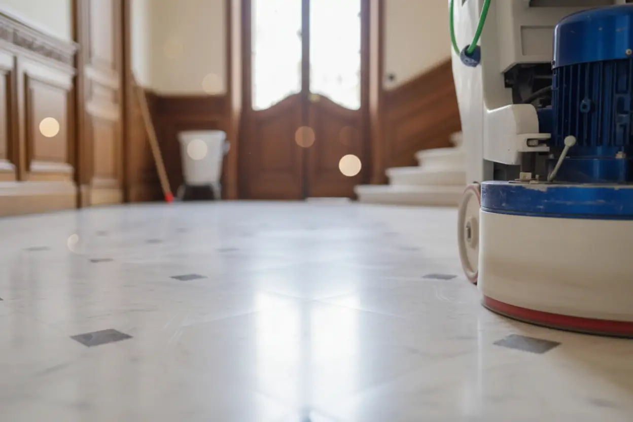 Processus de ponçage d'un sol en marbre à Paris avec ponceuse spécialisée