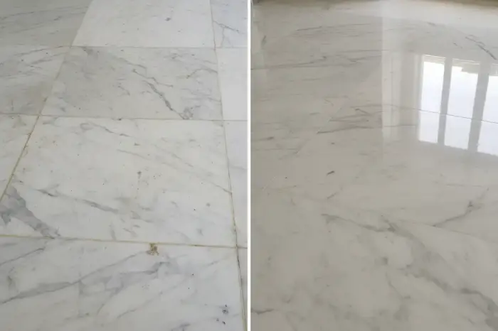 Comparaison avant/après d'un nettoyage de marbre par décapage à Paris 1er.